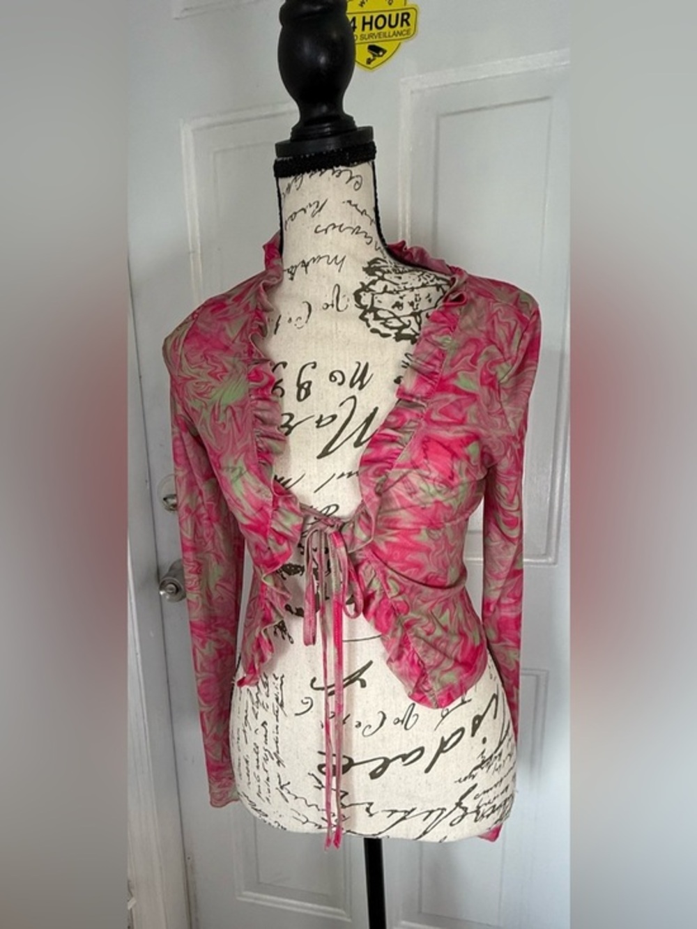 New Pink Y2K Style Pink & Green Abstract Marble Mesh Tie-Front Cardigan Top M